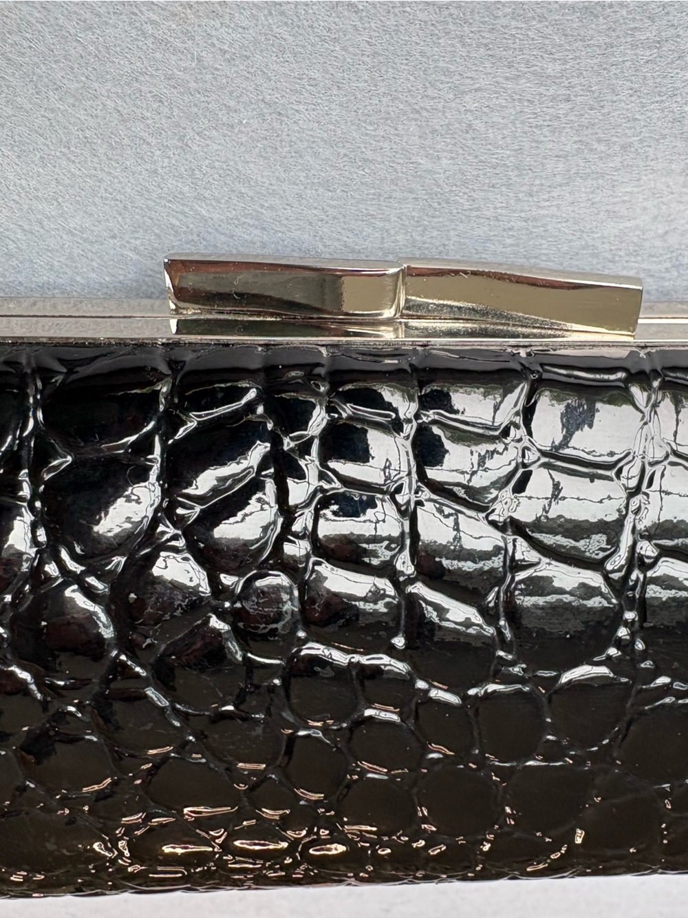 La Regale Black Patent Croc-Embossed Chain Optional Strap Clutch Evening Bag - Picture 6 of 7